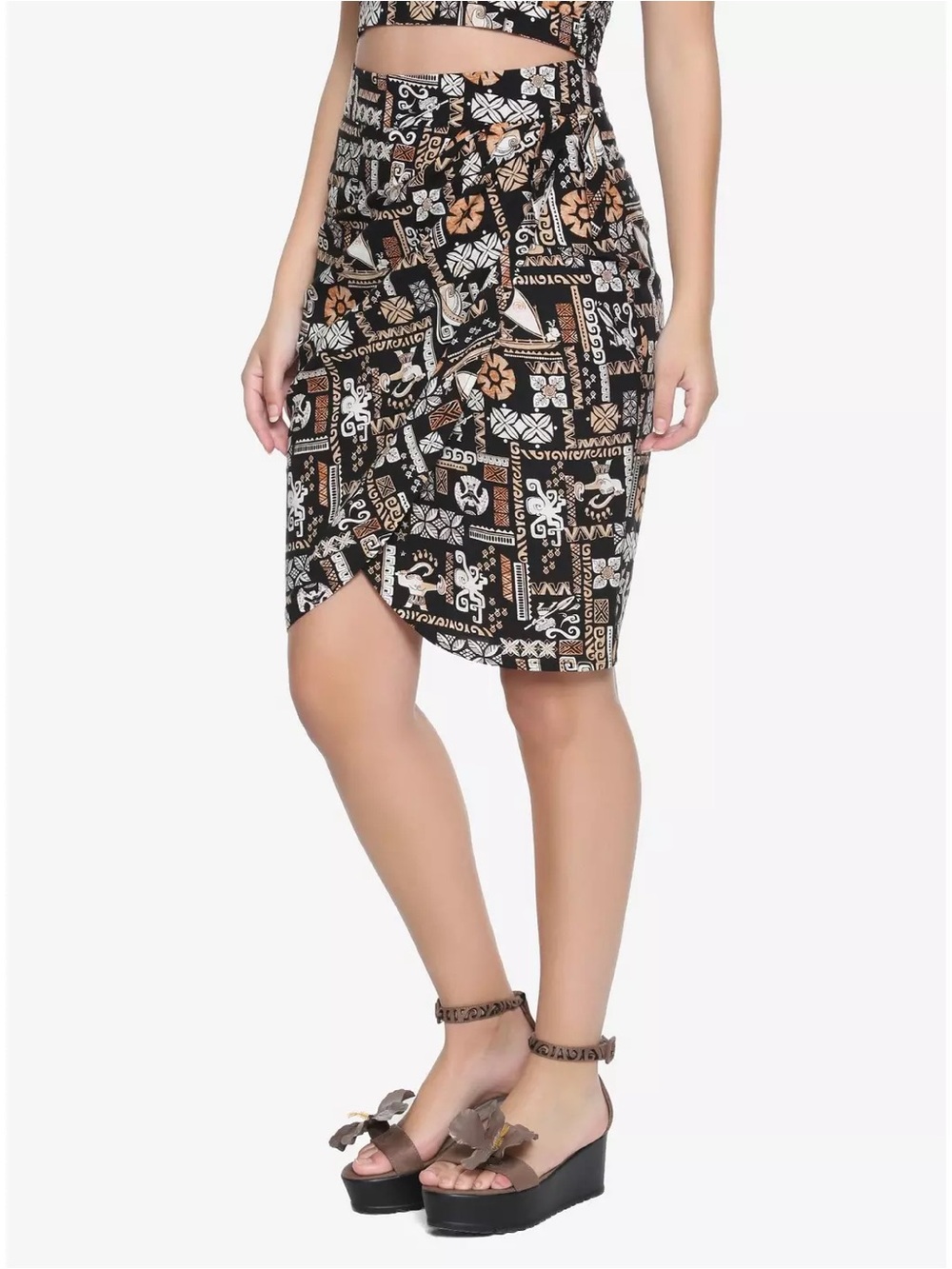 Disney Moana Polynesian Faux Wrap Skirt Large Tribal Print Black Tan